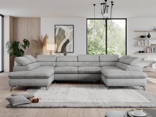 MKS MEBLE Sofa U, Wohnlandschaft U-Form, Ecksofa mit Schlaffunktion und Bettkasten, Schlafsofa mit Bettkasten, Couch mit Verstellbare Kopfstützen - Pedro U - Hellgrau Velvet Hydrophob