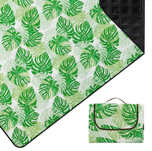 Outplea Picknickdecke Wasserdicht Faltbar, 200x200cm Tragbare Stranddecke Maschine Waschbar, Große Outdoor Decke für Camping Reisen Wandern, Grüne Tropische Blätter