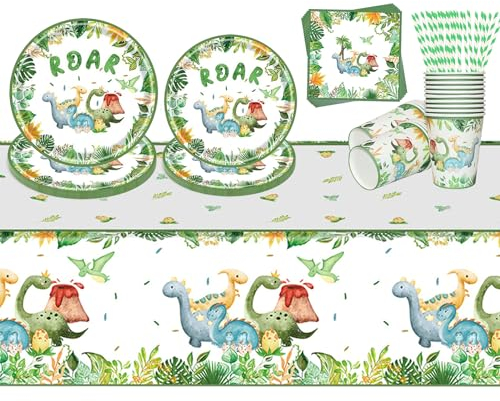 TQPXZO 86 Stück Dino Geburtstag Deko Geschirrset, Pappteller Geburtstag, Tassen, Servietten, Strohhalme, Party Becher, Tischtuch, Dino Partygeschirr Set Kindergeburtstag für 20 Gäste (Dinosaurier)