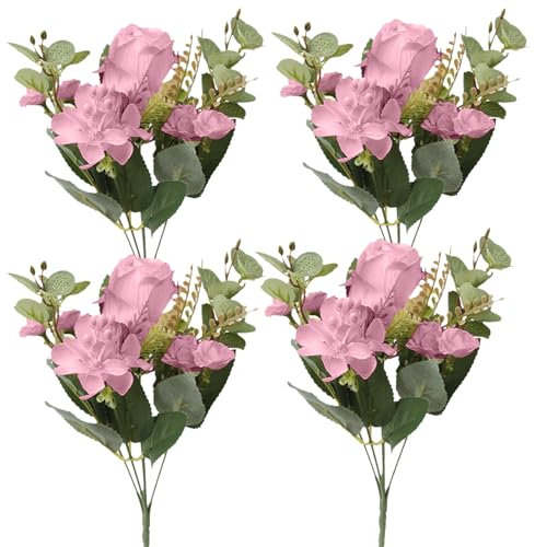 Romcade 4 Bunches Faux Roses Bouquet Artificial Silk Flowers Soft Touch Fake Florals Bouquet for Wedding Bridal Bouquet Home Kitchen Birthday Anniversary Party Table Decoration (pink), AFSFLOR-24004