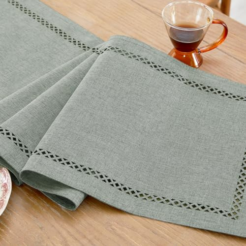 Aoztio Tischläufer Grau, Leinen Stil Tischläufer Outdoor 150 cm Lang | Abwaschbar, Modern Geometrisches Lochmuster, Geburtstag, Hochzeit, Festessen Urlaub Parteien und täglichen Gebrauch