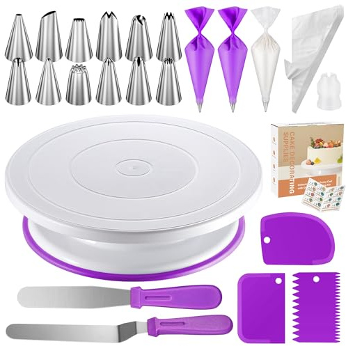 Kootek 71 Cake Decorating Kit Baking Supplies Tools for Beginners & Pros | Cake Stand Turntable, Icing Piping Tips, Disposable Reusable Pastry Bag, Spatulas, Video Tutorial, Pattern Chart