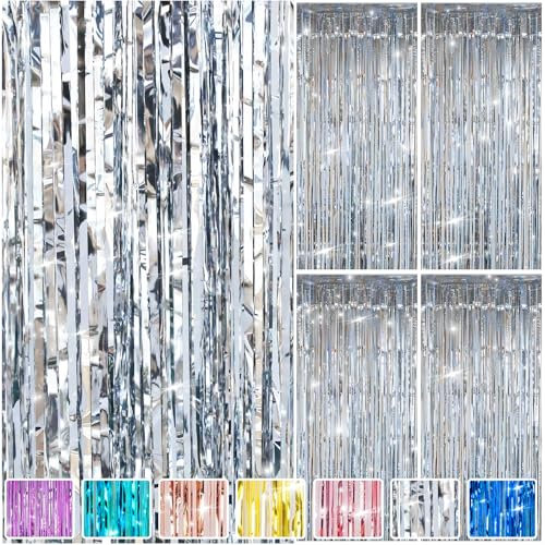 4PCS Lametta Vorhang Silber 1mx2m Glitzervorhang Lametta Glitzer Vorhang Geburtstag Lamettavorhang Vorhänge Folien Luftschlangen Party Deko Hintergrund für Geburtstagsdeko Silvester Hochzeit Festivals