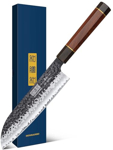 HOSHANHO Santoku Messer 18cm Handgeschmiedetes Kochmesser, Santokumesser Scharfe Messerklinge Küchenmesser aus Hochwertigem Carbon Edelstahl Chefmesser mit Ergonomischer Griff Geschenkbox