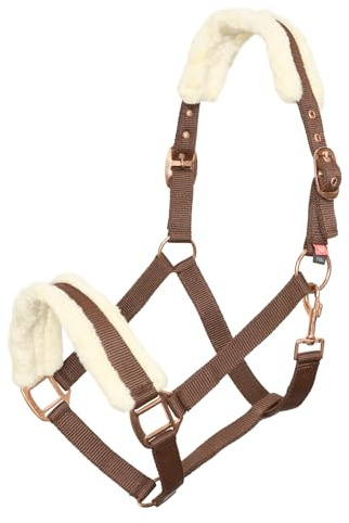 Imperial Riding Halfter Classic Fur aus robustem Nylon, extra weiche Kunstfellpolsterung, verstellbar mit Karabiner, luxuriöse Gold- & Roségold-Details, Komfortables Pferdehalfter, Walnuss, Cob