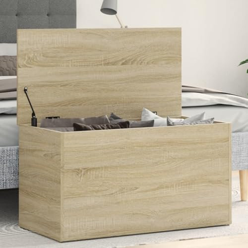 IKAYAA Baúl de Almacenamiento de Madera Baul Almacenaje Interior Baul Juguetes Infantil Taburete para Almacenaje con Tapa para Dormitorio Salón 84 x 42 x 46 cm Roble Sonoma