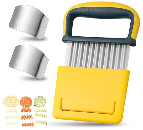Pommes Wellenmesser, 3 Stück Edelstahl Wellenschneider Gemüse mit Fingerschutz und Schutzhülle Kartoffelschneider Multifunktion Gemüsehobel Pommesschneider für Obst Gemüse Butter