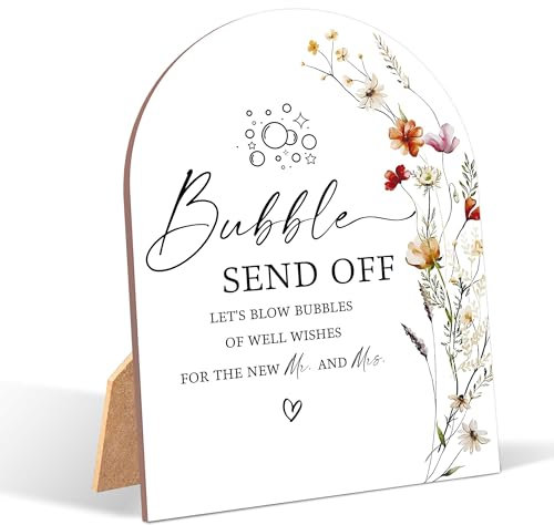 Letrero de burbujas de flores silvestres para boda, ceremonia de boda, letrero de mesa de madera de arco de 6 x 8 pulgadas con soporte, decoración de recepción de boda, suministros de fiesta de boda