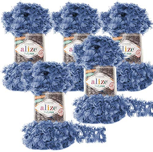 5 x 100g Strickgarn ALIZE Puffy Fur Uni, Fransenstrickgarn Fingerstrick-Wolle ohne Nadel Farbwahl