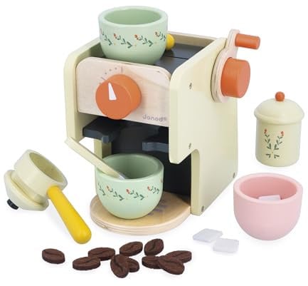 Janod - Childrens Wooden Barista Coffee Machine - With Manual Coffee Grinder - 20 Wooden and Felt Accessories Included - Imitation Toy - Develops Imagination - From 3 years - J06644