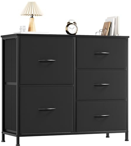 Somdot Chest of Drawers Bedroom, 5 Drawers, Width 80cm, Black | Fabric Drawers Storage Unit, Sideboard, Living Room, Metal Frame, Engineered Wooden Top, Easy-Pull Handle, 30D x 80W x 71.5H