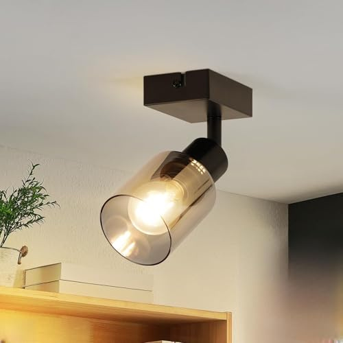 Kowanie Deckenstrahler Vintage 1 flammig: Deckenleuchte Schwarz Industrial Deckenlampe Deckenspots Flur aus Glas Schwenkbar 350° Wandstrahler für Küche Wohnzimmer inkl. 6 × E14 4W 2700K Leuchtmittel