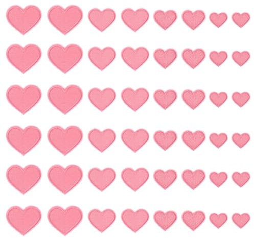 48 Pcs Pink Heart Iron on Patches, 4 Sizes Cute Heart Applique Patches Sew on Fabric Patch Embroidered Patch Custom Patchs for Girls Clothes Hats Jeans Backpacks Shoes DIY Repair Decoration