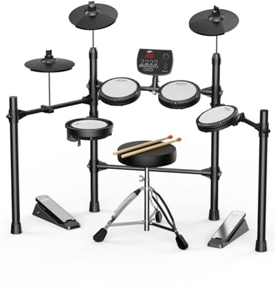 AiJoy Electronic Drum Set for Adults & Beginners, Quiet Mesh Pads with 5 Drums & 3 Cymbals, Dual-Zone Snare, USB MIDI, Sound Module, Drum Throne, Headphones, Sticks, 25 Kits & 195 Sounds