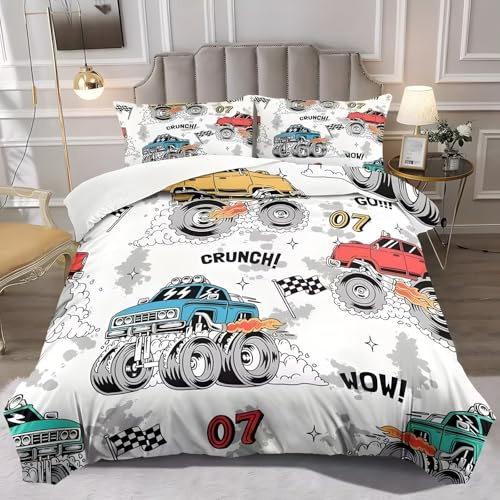 YZQGLHP Bunter Lastwagen Bettwäsche 155x220 Automotive Motive Flauschig Bettwäsche-Sets 110g Mikrofaser mit Reißverschluss Weich und Bügelfrei Bettbezug mit 2 Kissenbezüge 80x80 cm