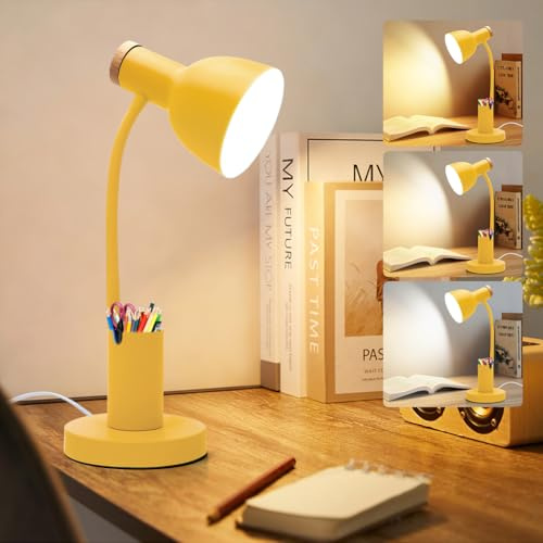 LOMUG Schreibtischlampe mit Stifthalter, LED Tischlampe mit Kabel und Abnehmbare Glühbirne, Nachttischlampe 360° Flexibel Arm Schwanenhal 3 Farbtemperaturen, für Zuhause Büro Studieren (Gelb)