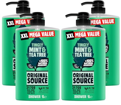 Original Source Mint & Tea Tree Shower Gel with 100% Natural Fragrance, Vegan Paraben Free Body Shower Wash, Multipack of 4 x 1000ml, XXL MEGA Value, Pump Bottle