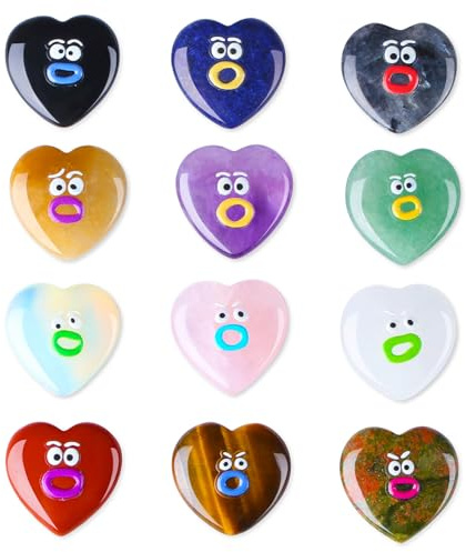 XIANNVXI Herz Steine Emoji Heilsteine Glückssteine Herz Deko Steine Kristall Emoji Lustige 12 Stück Bunte Stein Herzen Glücksbringer Schulanfang Antistress Einschulung Geschenk Füllung Smiley Geduld