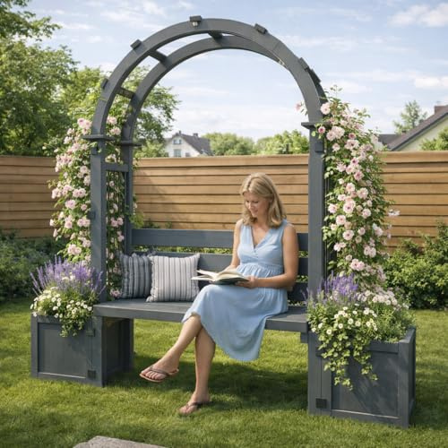 Garten Rosenbogen mit Bank und Pflanzkästen, Holz Rankbogen mit Sitzbank für Rosen und Kletterpflanzen, Rankhilfe Pergola Gartenbank für Terrasse Hof Garten (Grau, 160 * 30.5 * 160cm)