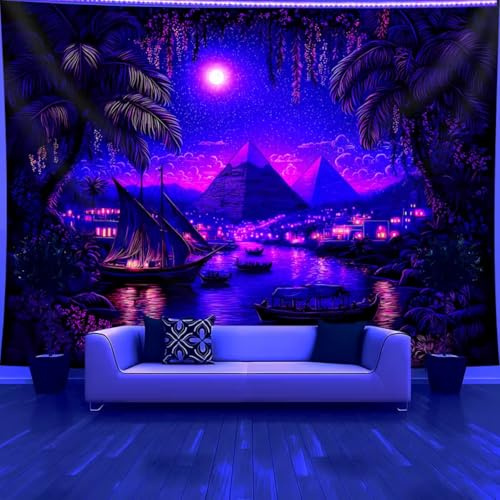 Arsey Schwarzlicht Wandteppich Psychedelic Ägyptische Pyramiden Nacht, UV-Reaktive Wandbehang Stoff, Aesthetic Wandtücher Deko für Wohnzimmer Schlafzimmer, Lila 300 x 180 cm
