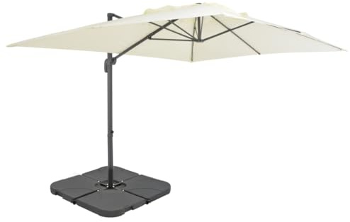 Foknhdi Sonnenschirm 3x4m Sandweiß Alu-Kreuzfuß inkl Standbox Kunststoff | klappbarer Sonnenschutz Balkon Terrasse | 360°-Drehmechanik für Garten Gastro & Campingplatz