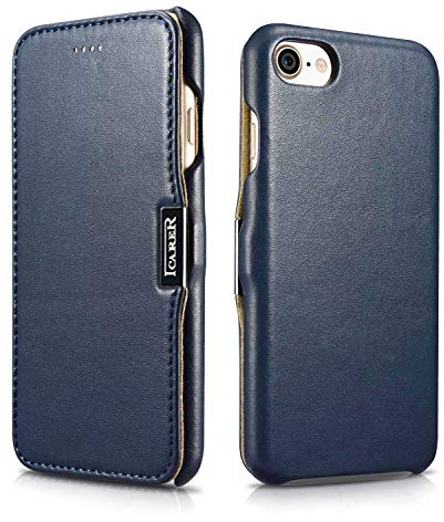 ICARER Tasche passend für Apple iPhone SE 2022 5G, iPhone SE 2020, iPhone 8, iPhone 7, 4.7 Zoll, Case mit Echt-Leder, Schutz-Hülle aufklappbar, Ultra-Slim Cover, Etui, Blau
