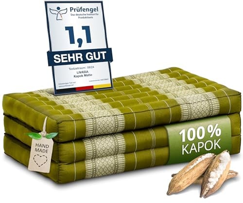 livasia Nachhaltige Matratze aus Kapok - 140x70x8cm - Klappmatratze, Camping Matte faltbar, ökologische Yogamatte klappbar, Liege für Garten und Balkon (Grün)