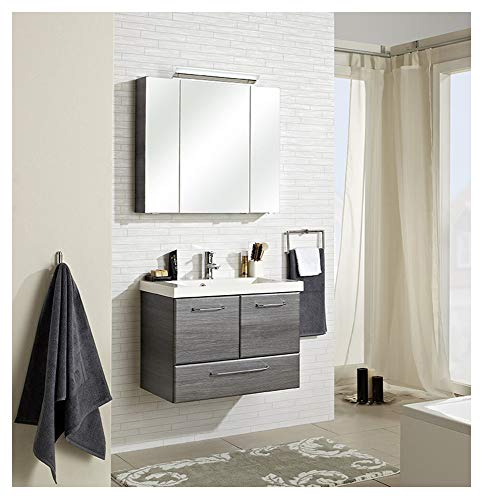 Pelipal - FILO 12 - Badmöbel - 74 cm - 3-teilig mit Spiegelschrank, Mineralmarmor-Waschtisch usw. in Graphit Struktur quer