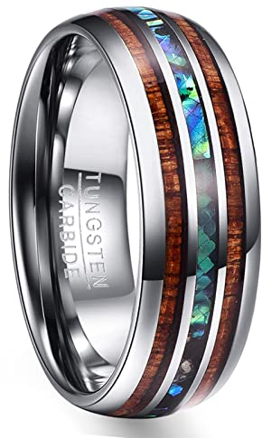 NUNCAD Wolfram Ring Herren Damen Unisex 8mm Schwarz mit Opal & Koa Holz für Hochzeit Verlobung Geschenk Lifestyle Men Fashion Größe 63.4