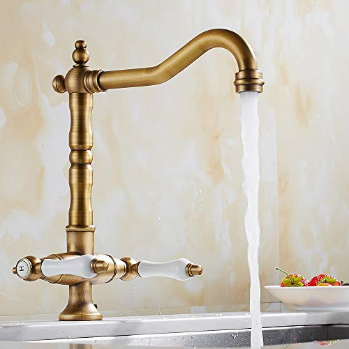Rubinetto Rotante a 360° con Doppio Comando Ceramico Classico Miscelatore da Cucina in Ottone Antiruggine Vintage Anticato