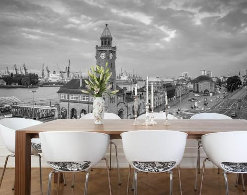 Vlies Tapete XXL Poster Fototapete Hamburg Hafen Farbe schwarz weiß, Größe 300 x 150 cm selbstklebend