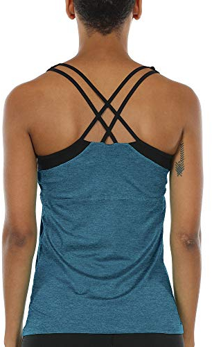 icyzone Damen 2 in 1 Sport Yoga Tops mit BH - Gym Shirts Fitness Trainings Tank Top (XL, Blau)