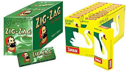 FULL BOX OF ZIG ZAG GREEN ROLLING PAPERS + FULL BOX OF SWAN FILTER TIPS (EXTRA SLIM)