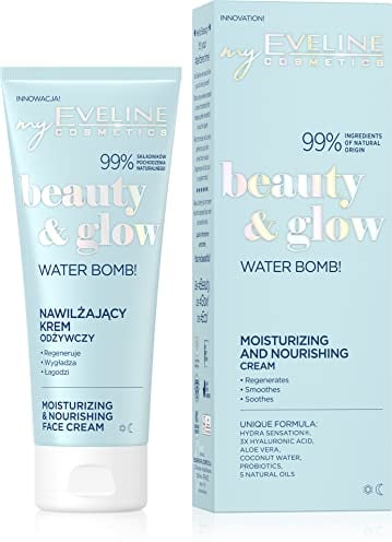 Eveline Cosmetics Beauty&Glow Feuchtigkeits- & Nährende Creme mit Dreifacher Hyaluronsäure, Kokoswasser & Probiotika - 24H Hydration für Trockene & Empfindliche Haut - Vegan - 75ml