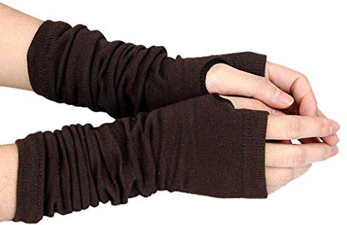 LassZone Damen Ellenbogen Länge Gestrickte Armstulpen Langarm Dünne Fingerlose Handschuhe Daumenloch Handgelenkwärmer Winter Fäustlinge, coffee, One size