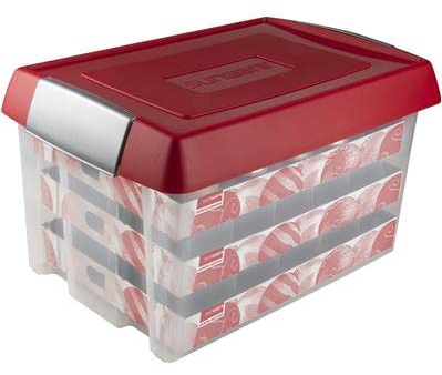 SUNWARE Nesta Weihnachtsbox 60 L mit erhöhtem Deckel + Tabletts für 60 Weihnachtskugeln (Ø70-80mm)- transparent/rot