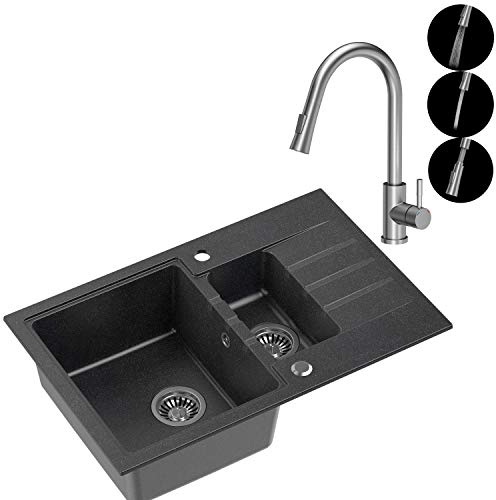 VBChome Spüle mit Armatur 78 x 50 cm Schwarz Tiefes Becken 20cm 1,5 Becken Küche Große Abtropfflache ab 55 cm Einbauspüle Gesprenkelt Verbundspüle Küchenspüle + Siphon Ausziehbarer Wasserhahn