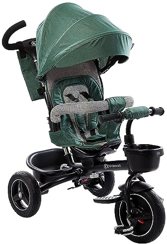 Kinderkraft SPINSTEP Dreirad ab 1 jahr mit Schubstange, wasserfeste Verdeck mit UPF50+ Filter, 360 Grad drehbare Sitz, Freilauf, Zusammenklappbar, Klingle, Korb, Grün