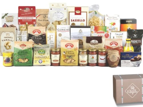 RE REGALO SPESA IN BOX Kit Degustazione 30 Pz, Cesto Gastronomico, Olio extravergine di Oliva, Pasta, Sughi, Caffè, Biscotti, Prodotti Dolci e Salati, Specialità Italiane, Prodotti di Qualità