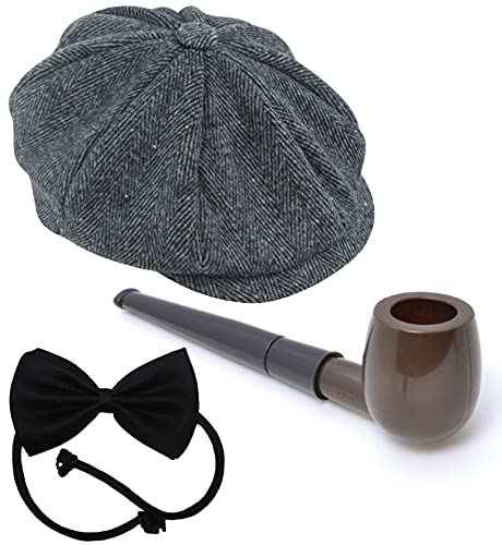 Dreamzfit - Erwachsene 1920er Jahre MOB Gangster Paten Pimp Flapper Kostüm Set Hut + Rauchpfeife + Fliege | Al Capone Big Daddy Mafia Junggesellenabschied 20er Jahre Kostüm Kit