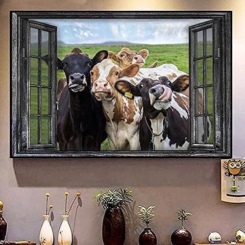 LIANGX Kühe am Fenster Leinwand Malerei Vintage Bauernhaus Poster Bilder Wandbilder Wohnzimmer Schlafzimmer Home Dekoration ohne Rahmen (60x80cm)