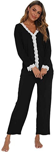 Jecarden Pyjama deux pièces à manches longues en coton modal, bord en dentelle, pour femmes et filles, Noir , L