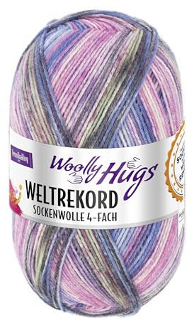 Woolly Hugs Weltrekord Sockenwolle 100g | 75% Schurwolle & 25% Polyamid | 420 m Lauflänge | Strapazierfähiges Sockengarn | Teil des Weltrekord-Strickprojekts (04 | pink/blau)