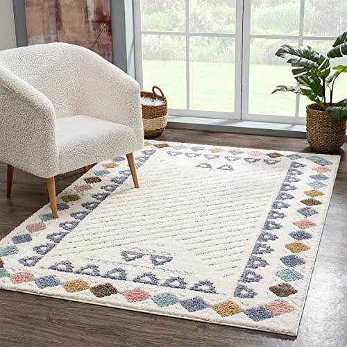 Teppich Hochflor Wohnzimmer - 140x200 cm - Boho-Style Bordüre Creme Multi - Cut-Loop, Hochtief, 3D-Effekt - Shaggy Teppiche Flauschig-Weich Schlafzimmer Langflor