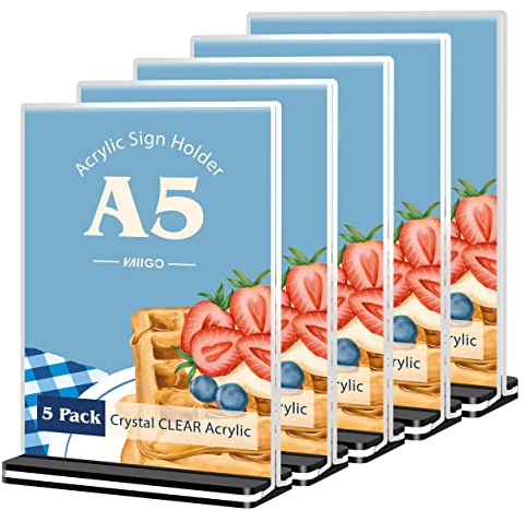 VAIIGO Tischaufsteller Din A5 Ständer Aufsteller（5 Stück）, Glasklar Acryl T-Ständer Menükartenhalter Werbeaufsteller für Fotos, Büro,Tisch, Laden, Restaurant, Cafe, Shop, Hotel （Schwarze Basis）