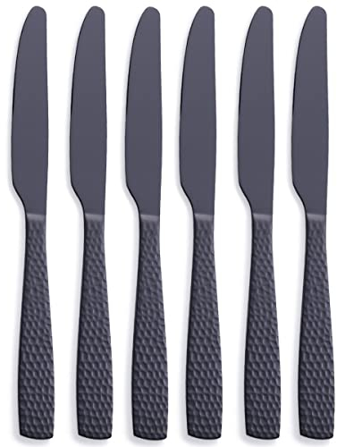 FULLYWARE Lot de 6 couteaux de table noir mat, 24,6 cm en acier inoxydable noir, finition satinée