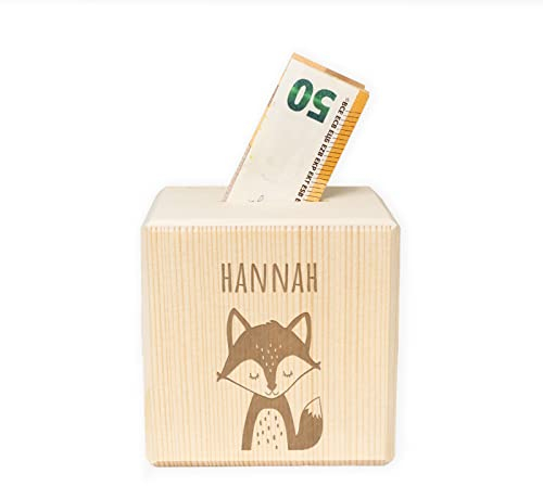 Personalisierte Kinder Spardose mit Namen aus Holz Geschenk Geschenkideen zum Geburtstag zur Einschulung, Taufe, Geburt Gravur MotivSparschwein für Jungen und Mädchen hellomini (Fuchs)
