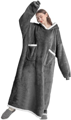 Extra Long Hoodie Blanket, Oversized Sherpa Hoodie Blanket for Women and Men, Wearable Blanket Hoodie with Sleeves and Giant Pocket (Dark Grey, 150 Long)