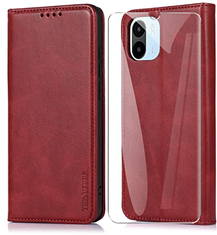 THIYUFUNS Handyhülle für Xiaomi Redmi A2 / Redmi A1 4G Leder Hülle + Panzerglas Schutzfolie,Magnet Klapphülle Case Cover Schutzhülle - Rot