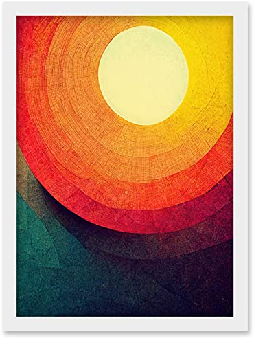 Wee Blue Coo Abstract Sunrise Sunset Sunshine Retro Style Yellow Orange Cream Teal Artwork Framed Wall Art Print A4